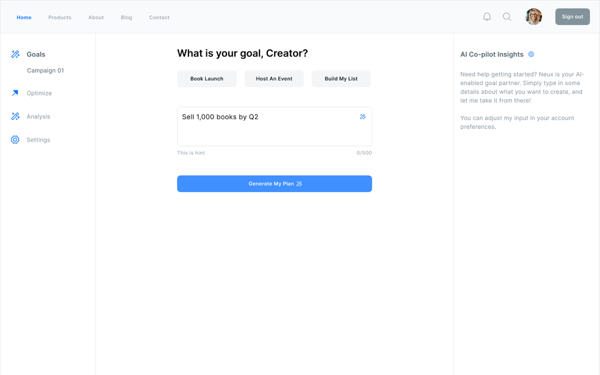 NeU/X AI co-pilot interface for creator goal planning