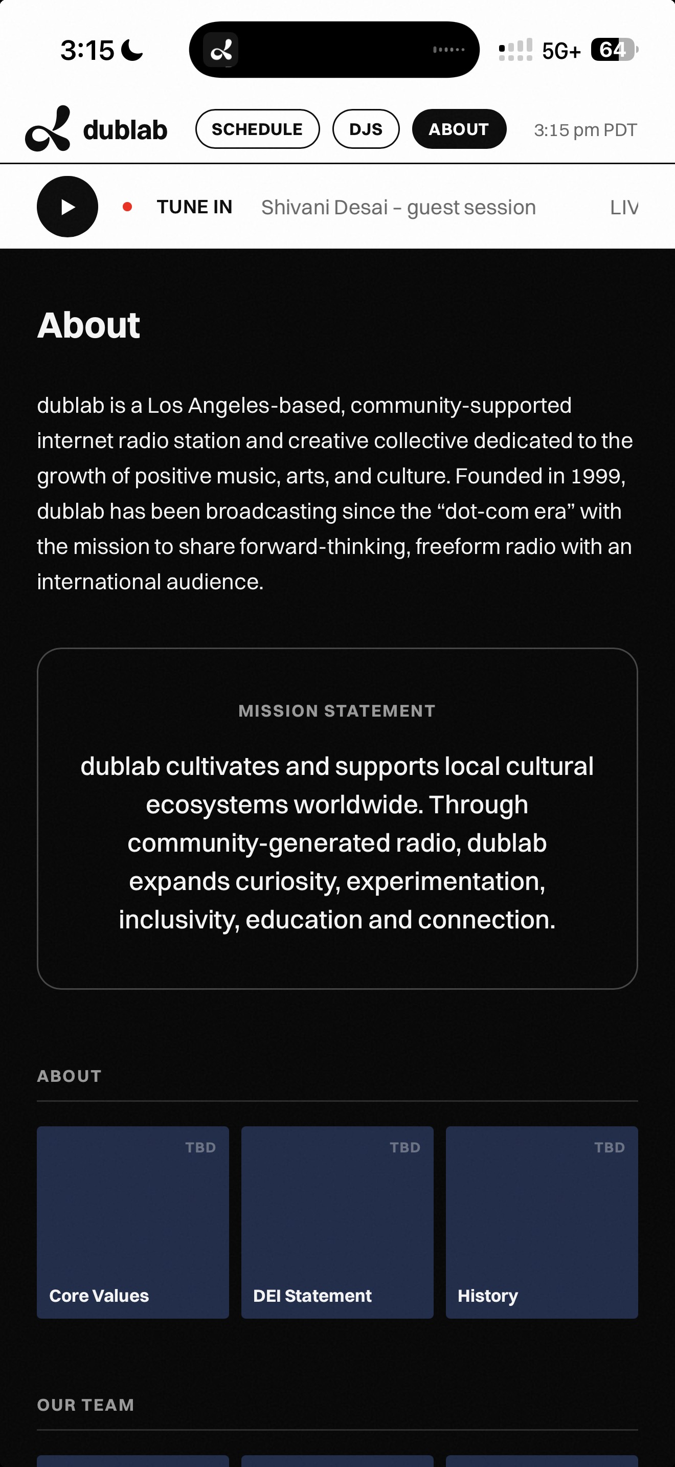 About page on a real iPhone: real mission statement and 12 real linked sections grouped into About, Our Team, and Support dublab