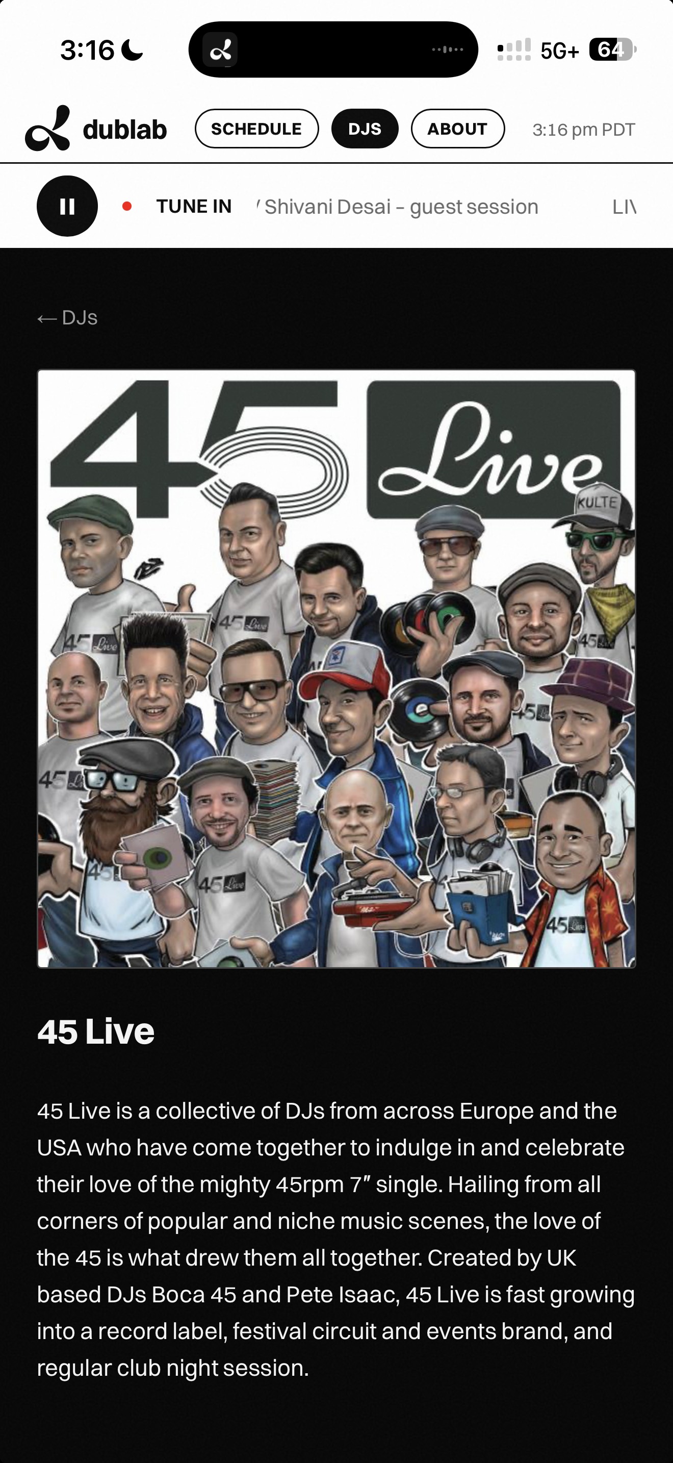 45 Live DJ profile page on a real iPhone, showing their real bio and cover art