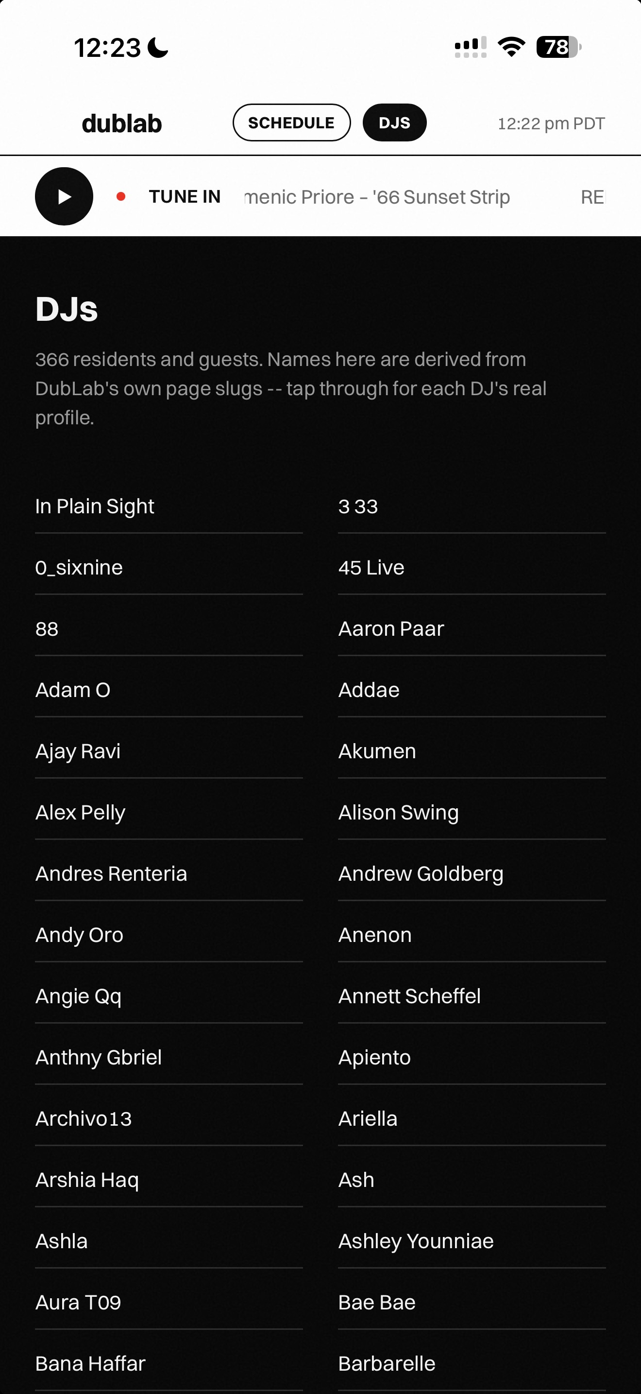 dublab DJs roster page on a real iPhone, listing 366 real resident and guest DJ names in a two-column list