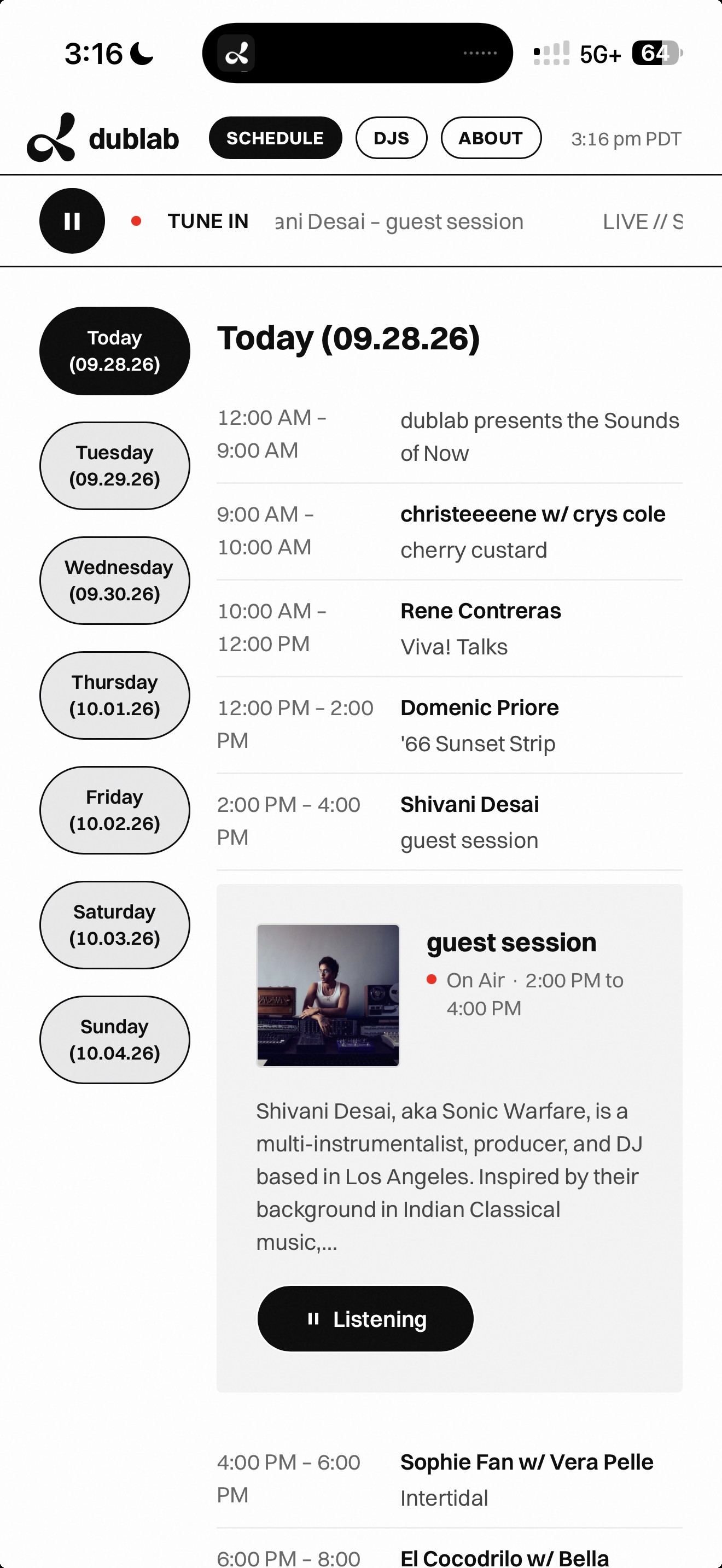 dublab app on a real iPhone: today's schedule with the on-air '66 Sunset Strip show card and Listen button