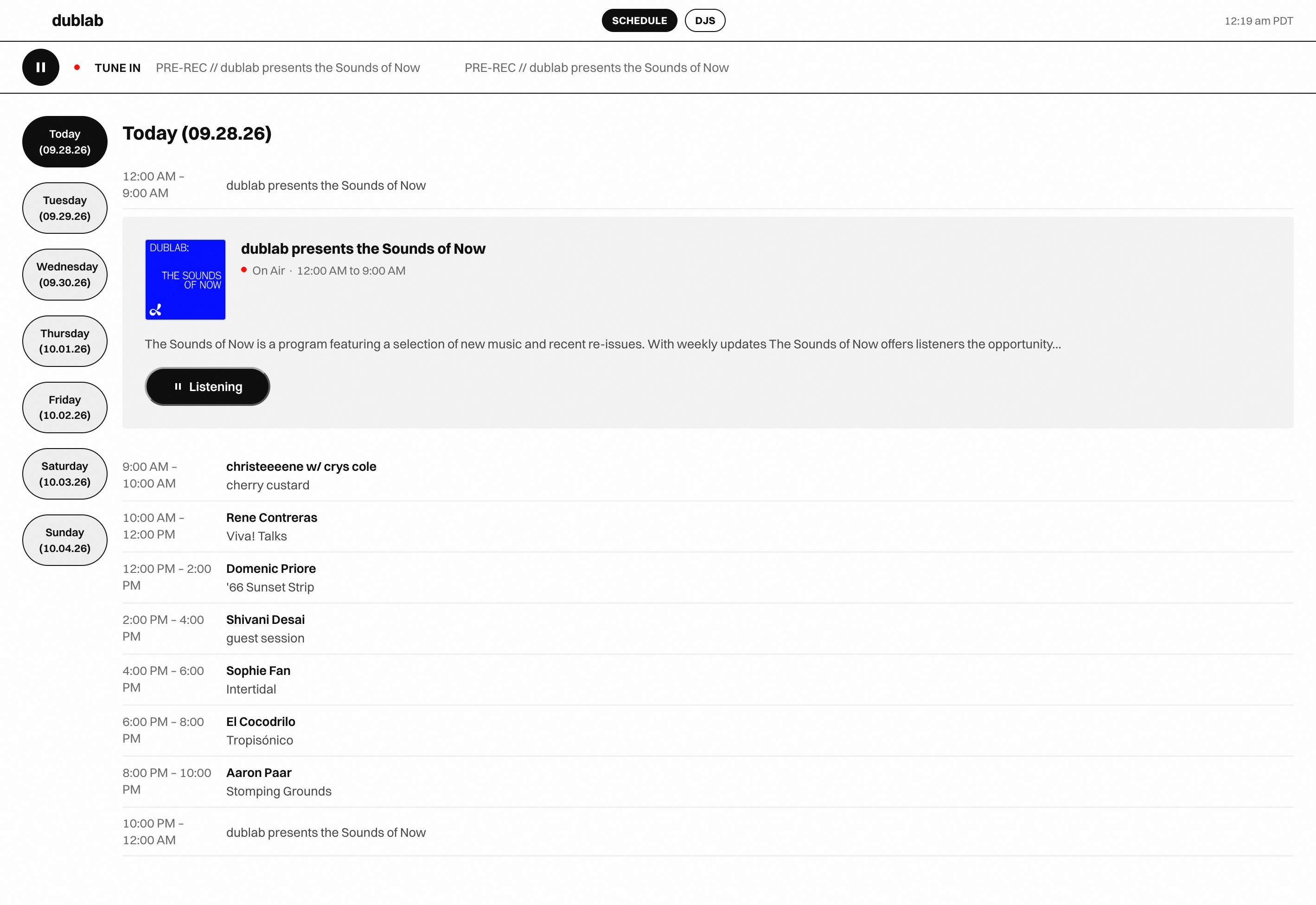 Full dublab schedule view: day-pill rail, on-air card with the resized Listen/pause button, and the rest of today's lineup