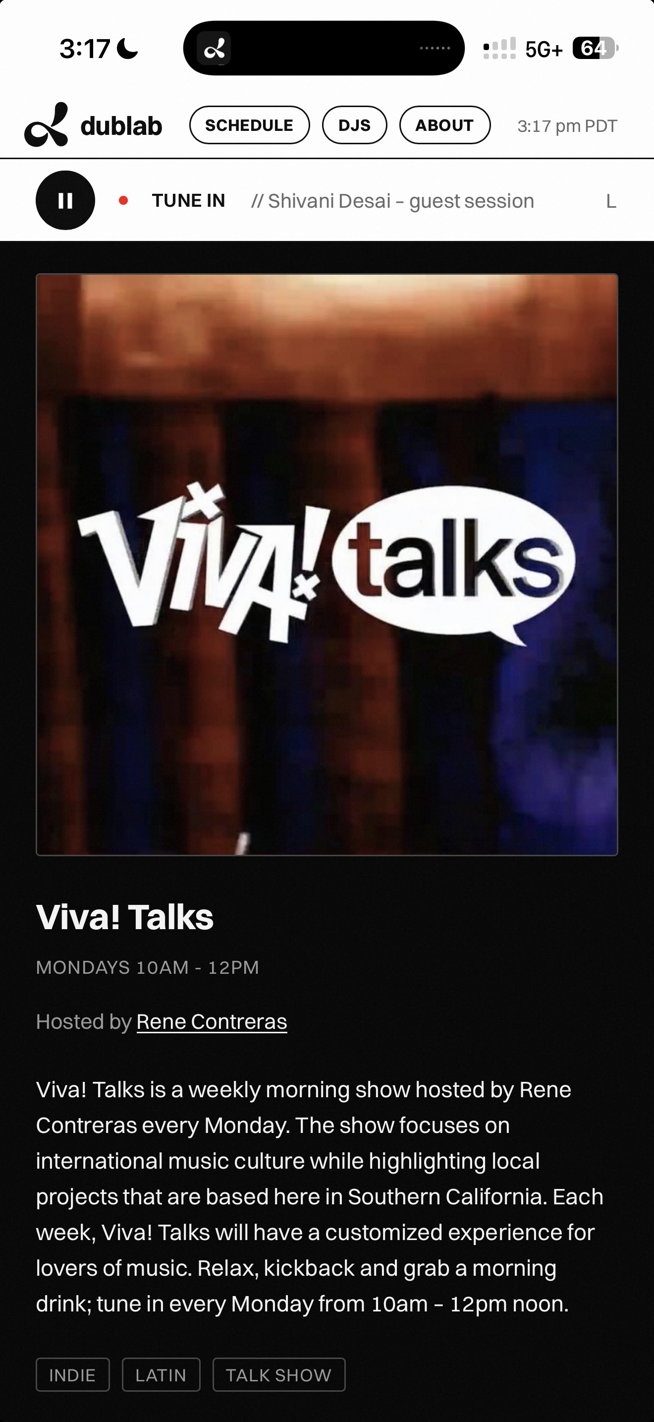 Viva! Talks show detail page on a real iPhone, with real cover art, host, schedule, and genre tags