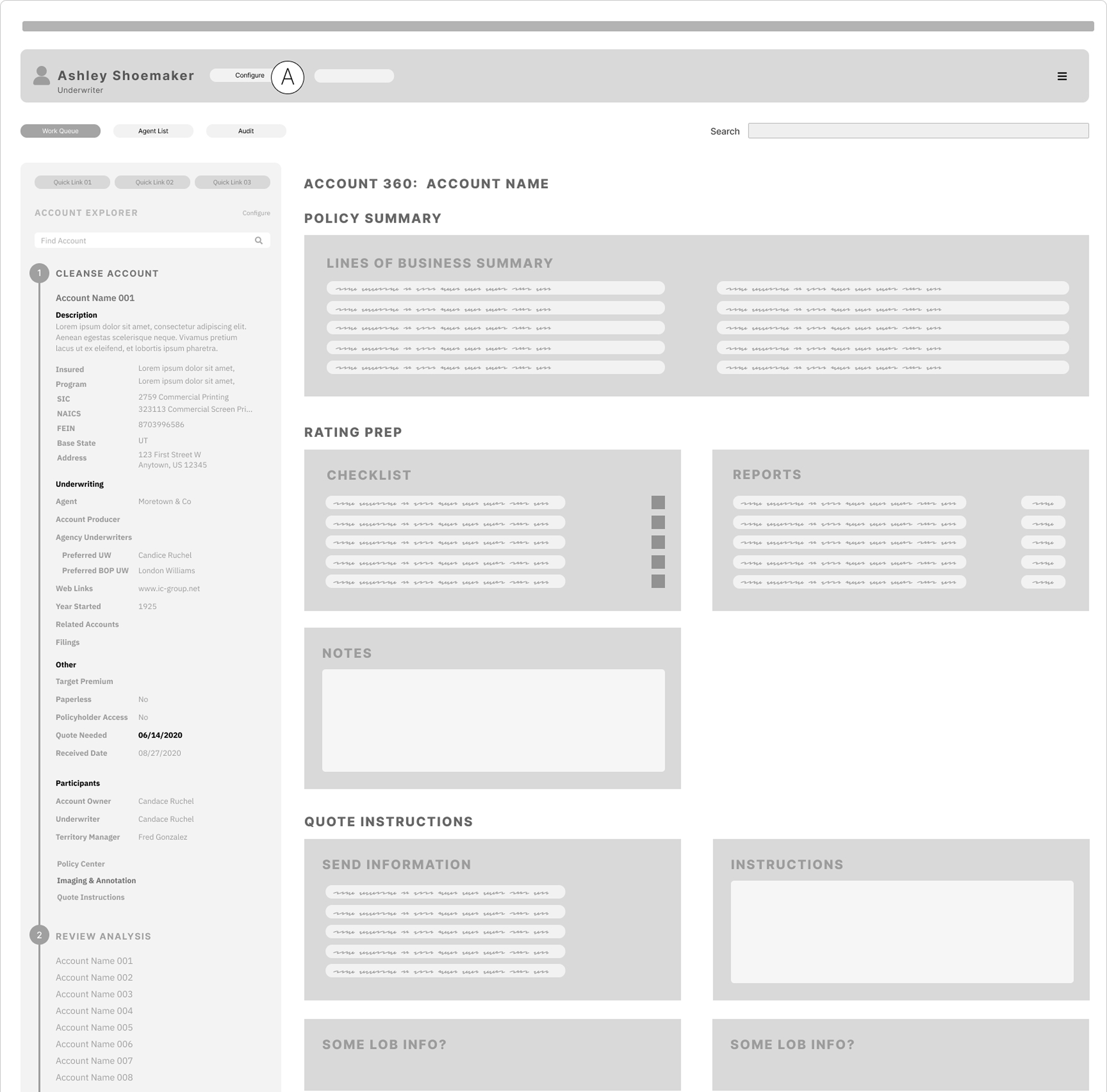 Wireframe of the account 360 detail view with a five-step stepper, insured info, rating prep, and quote instructions