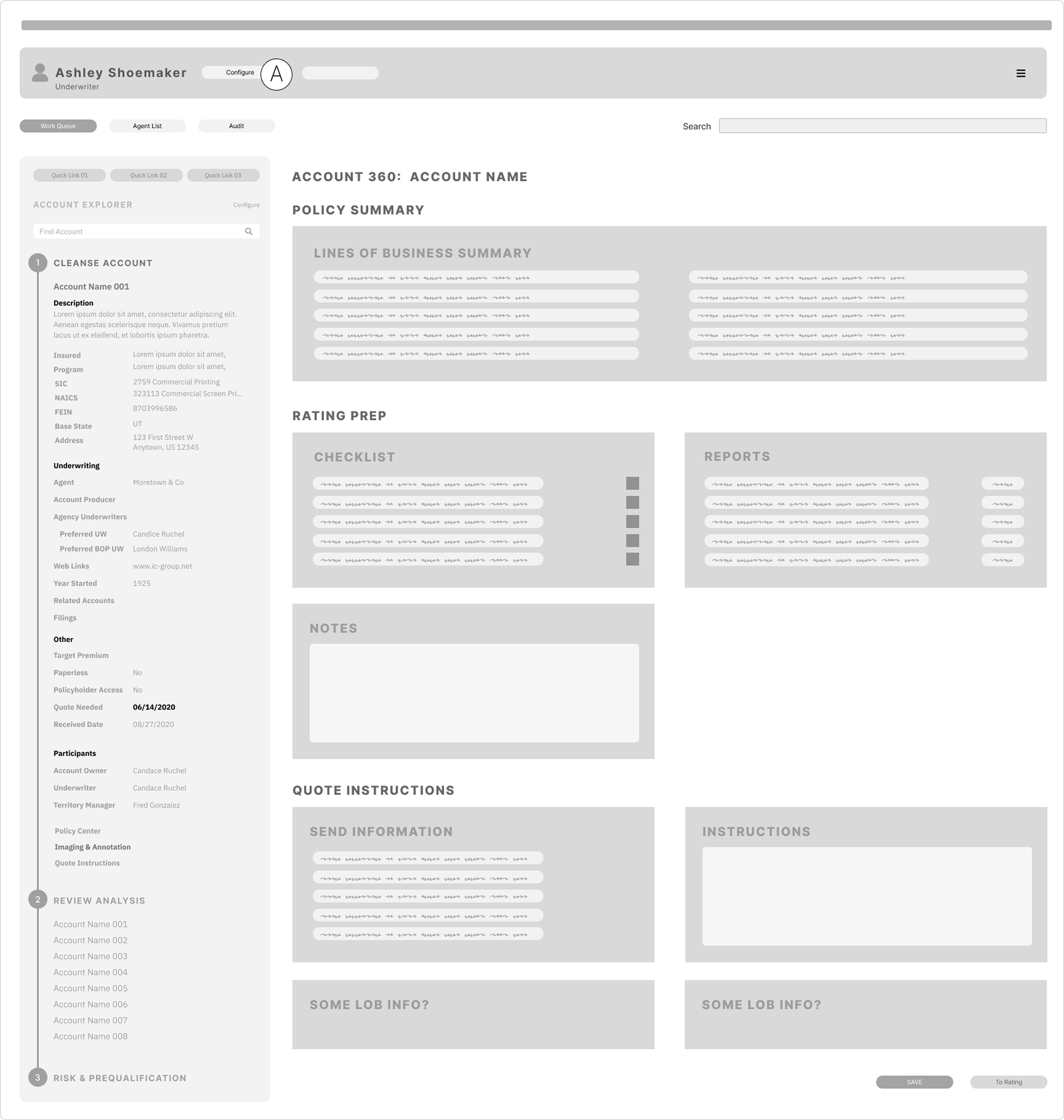 Wireframe of the account 360 detail view with a five-step stepper, insured info, rating prep, and quote instructions