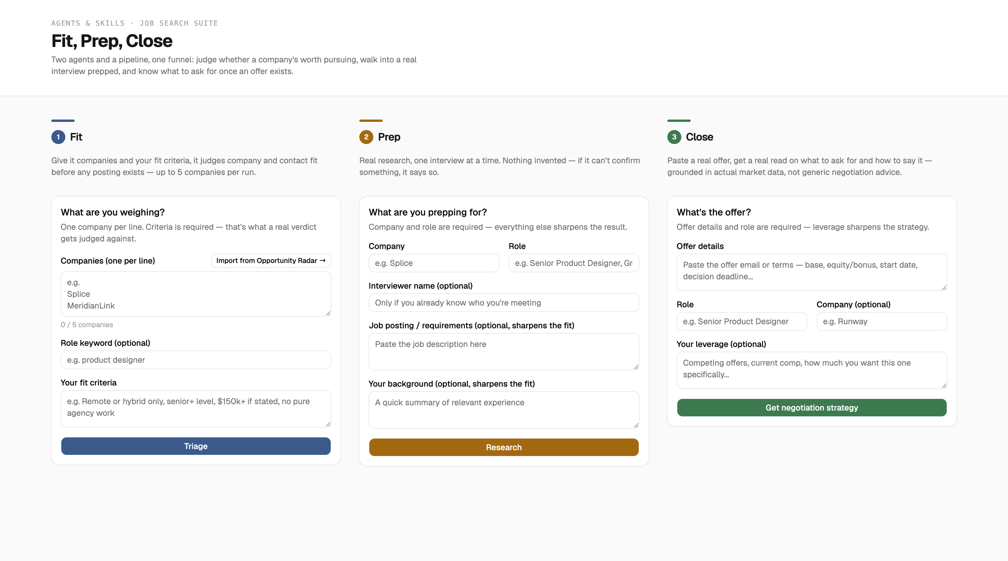 Fit, Prep, Close home page: three numbered columns, one per agent stage