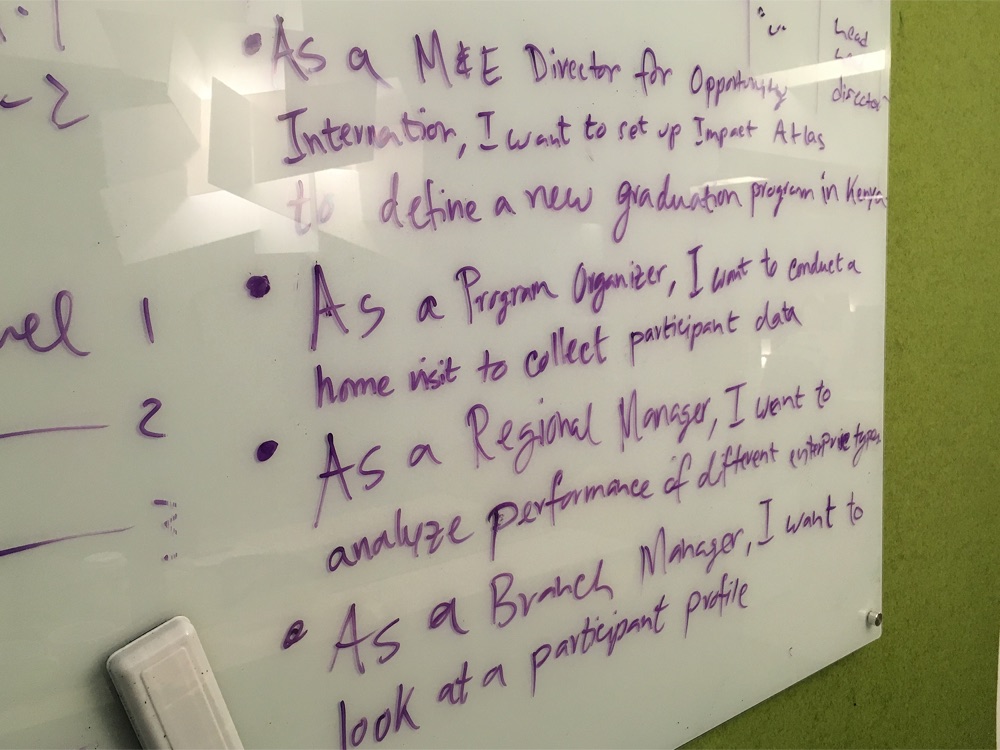 Whiteboard with user stories written for each program role