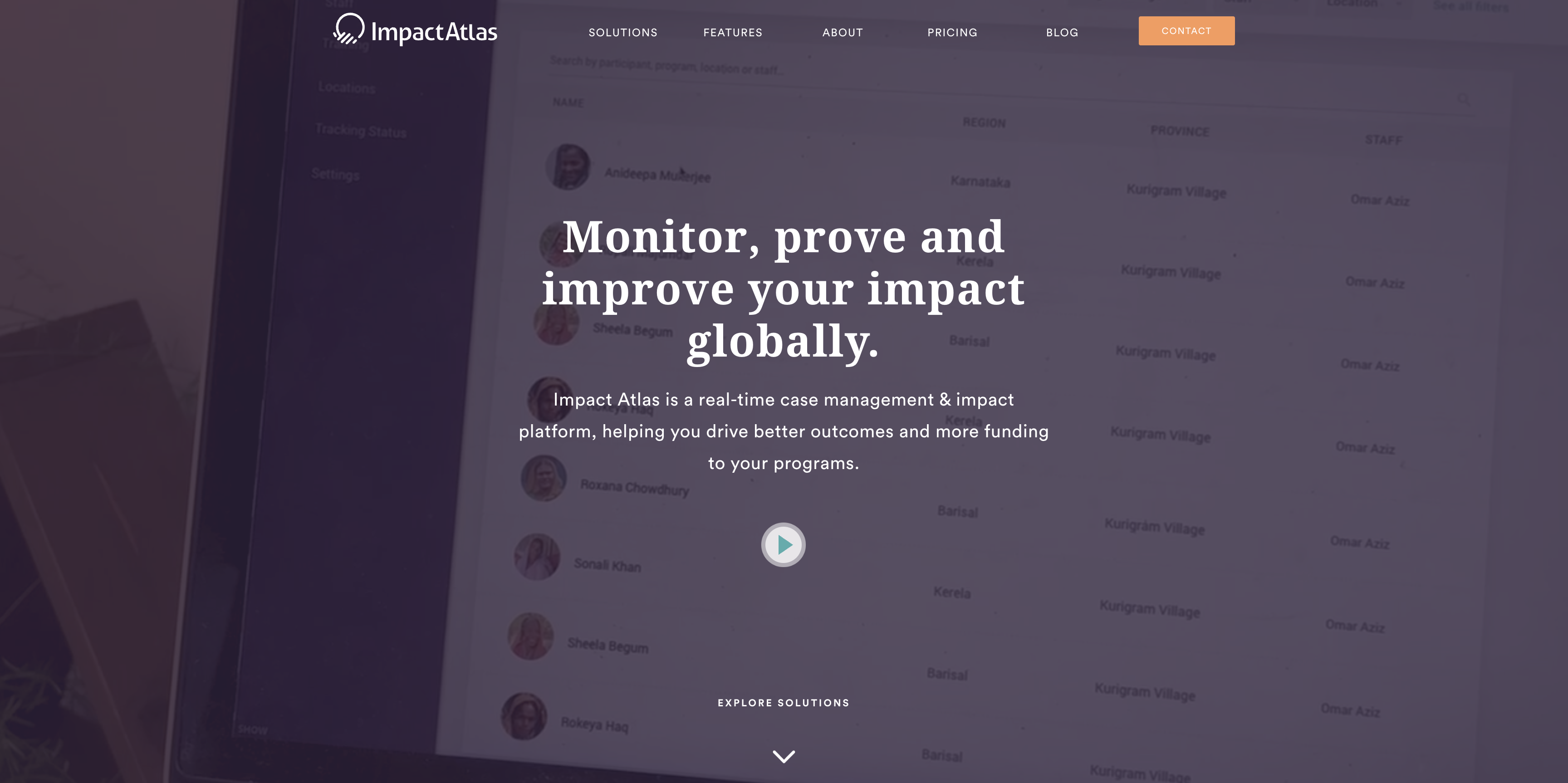 Impact Atlas marketing home page, showing the participant tracking dashboard