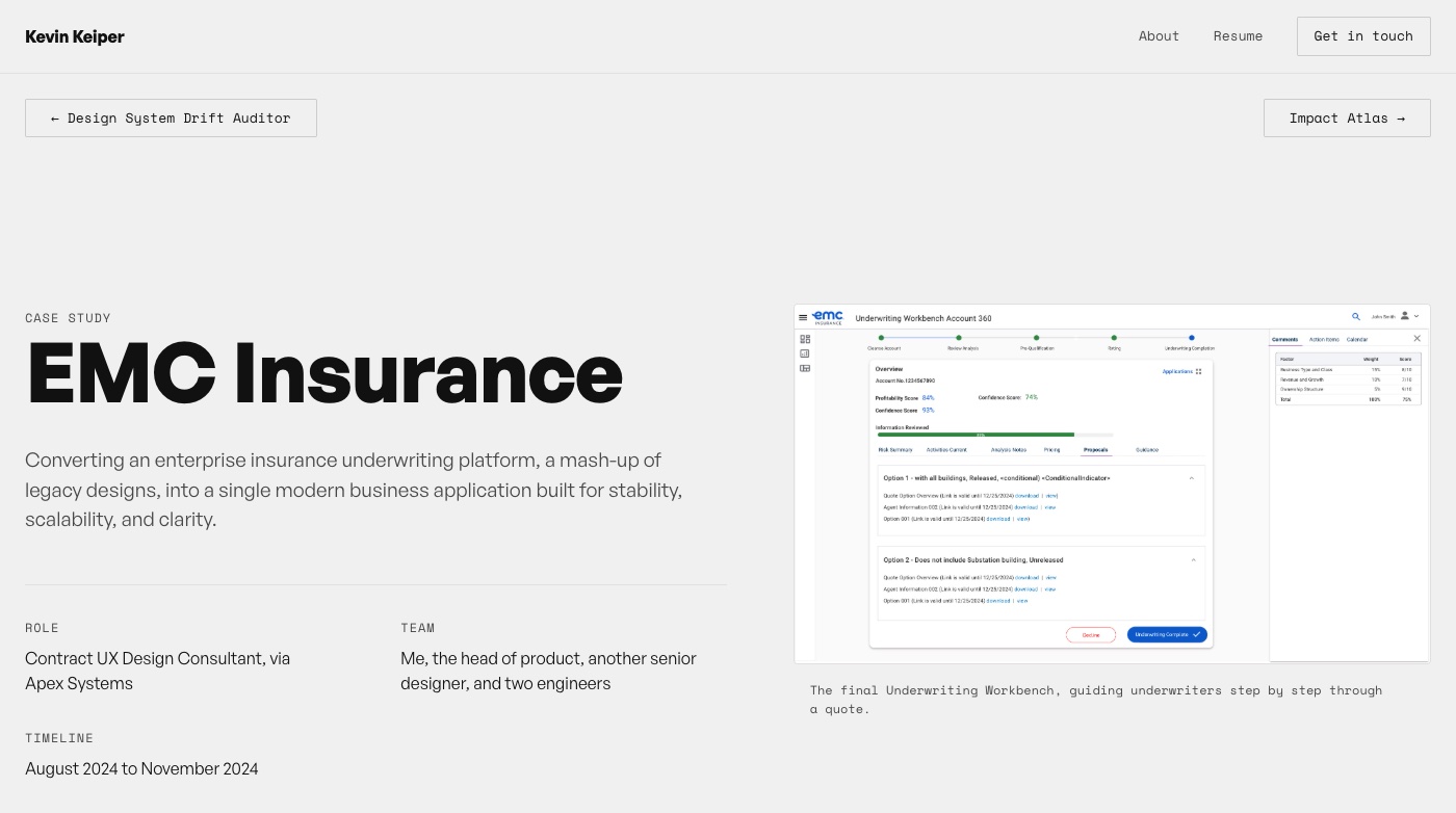 The EMC Insurance case study page, showing the hero and team details