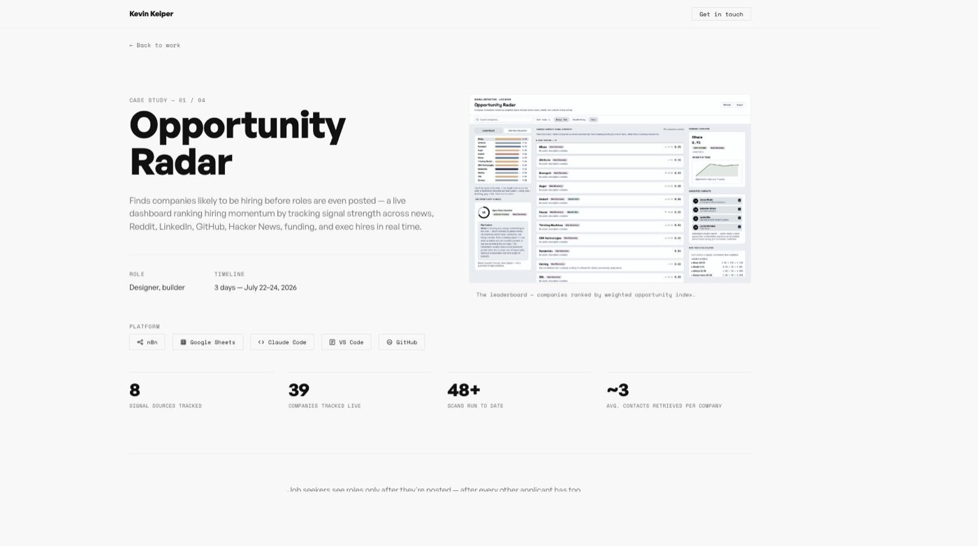 An Opportunity Radar case study detail page, showing the sticky-rail layout