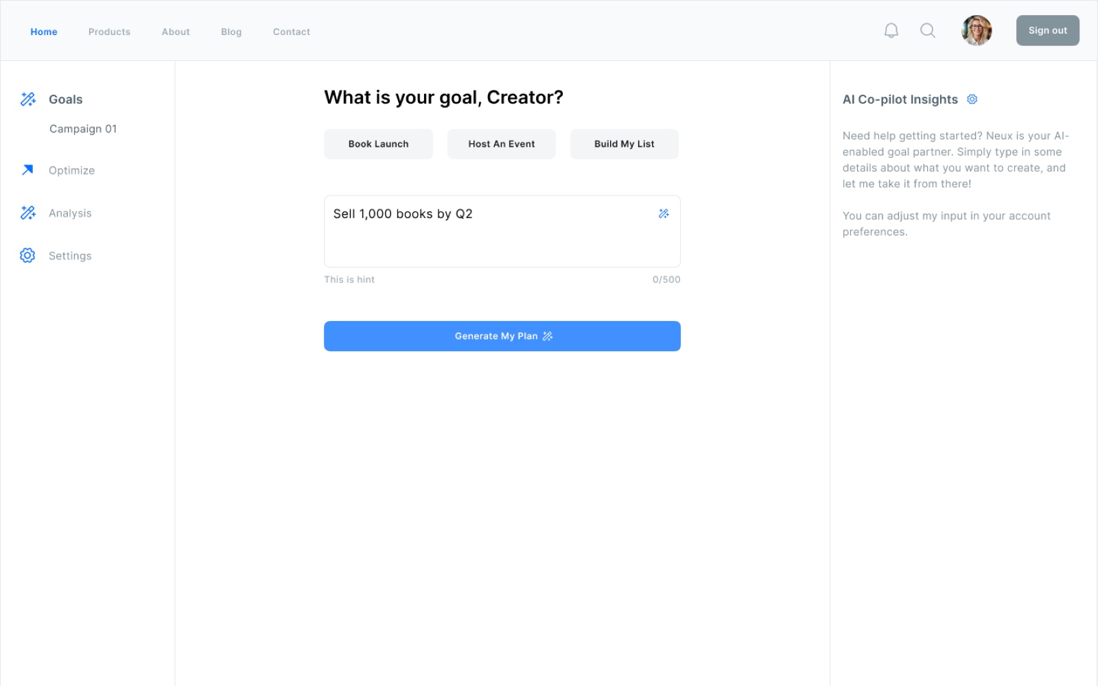 NeU/X goal-setting screen asking the creator what their goal is