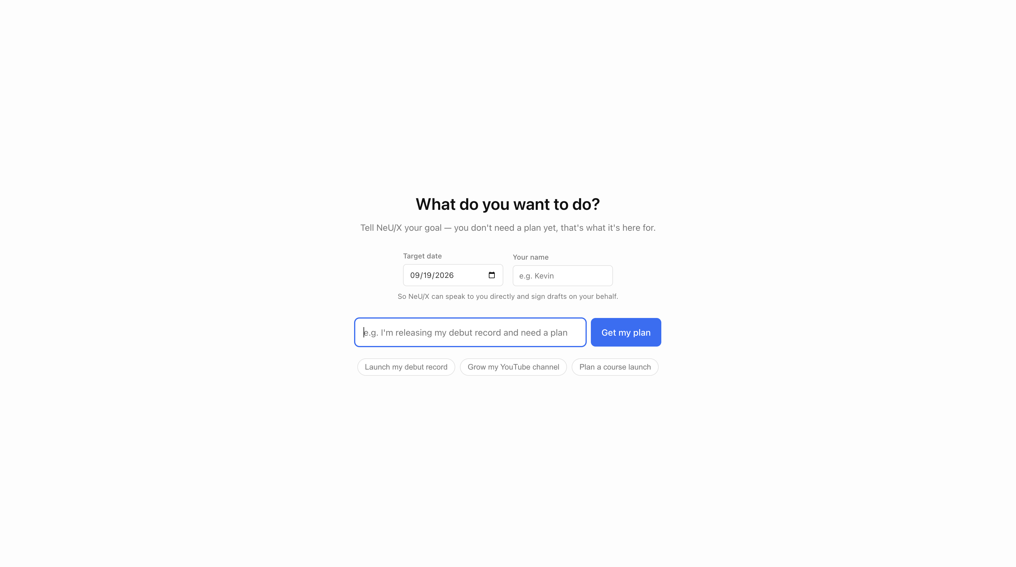 NeU/X AI co-pilot interface for creator goal planning