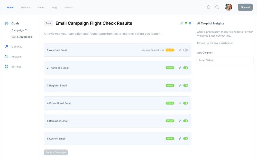 Email campaign flight check results, all checks passed