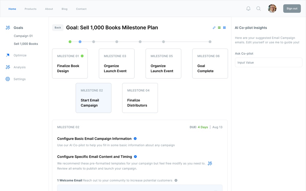 Milestone plan configuration with pre-formatted email templates