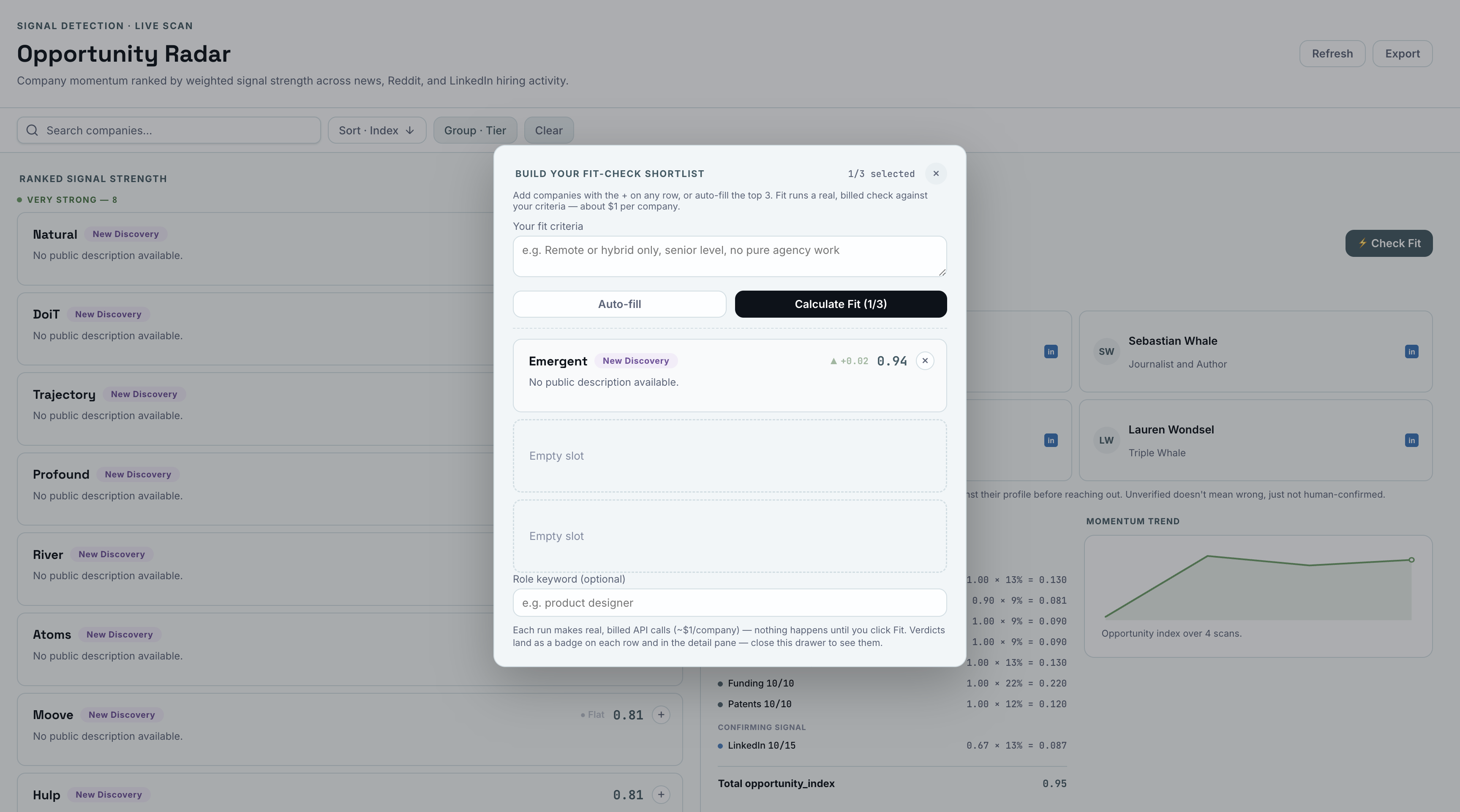 Shortlist modal: a 'Build Your Fit-Check Shortlist' drawer with criteria field, Auto-fill, and up to three empty slots to fill one at a time