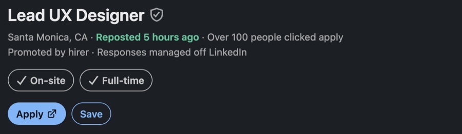 LinkedIn job posting showing over 100 people clicked apply, reposted 5 hours ago