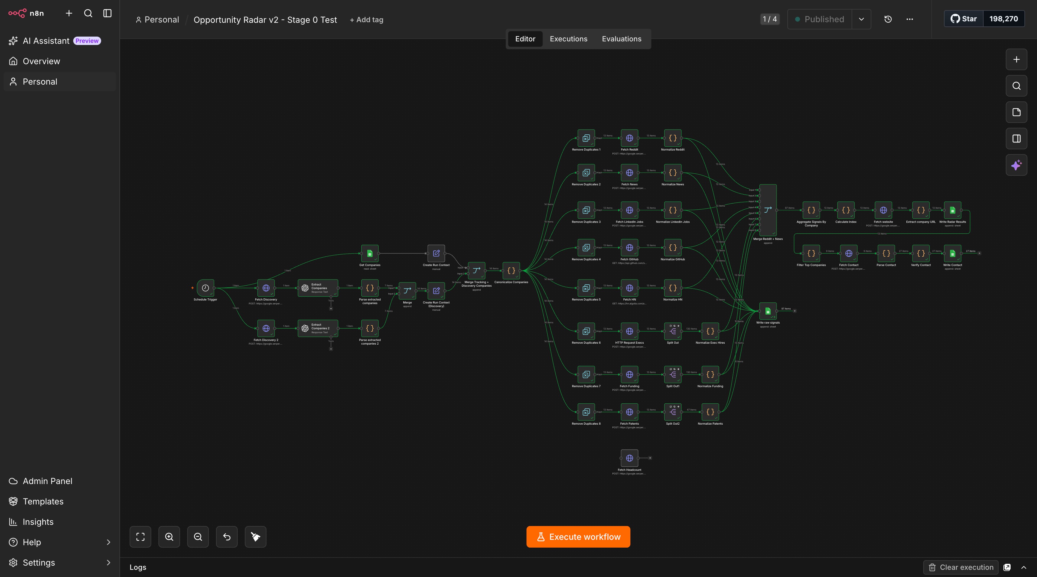n8n workflow canvas showing signal collection, normalization, and aggregation nodes
