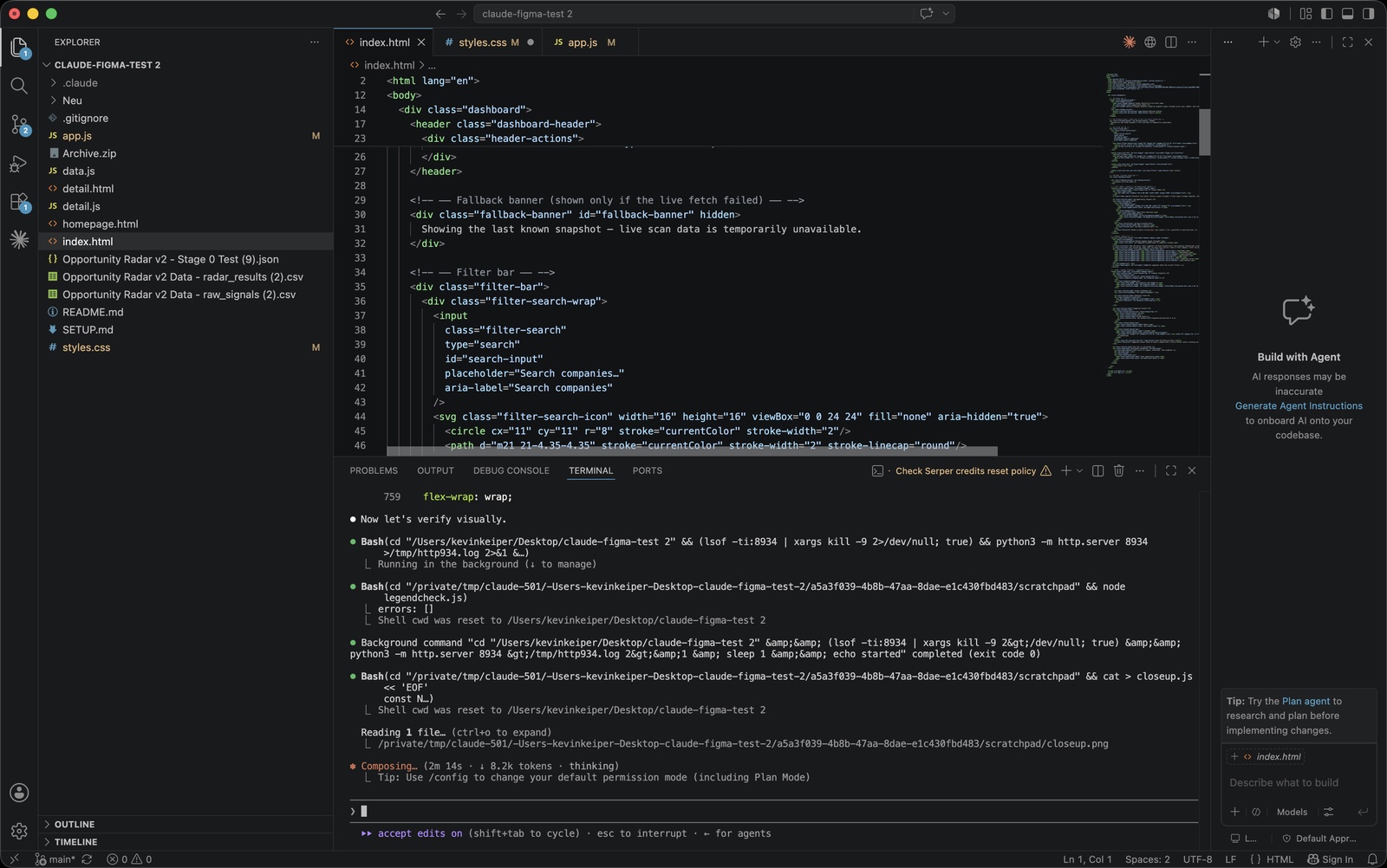 Code editor with an AI coding agent building the dashboard interface