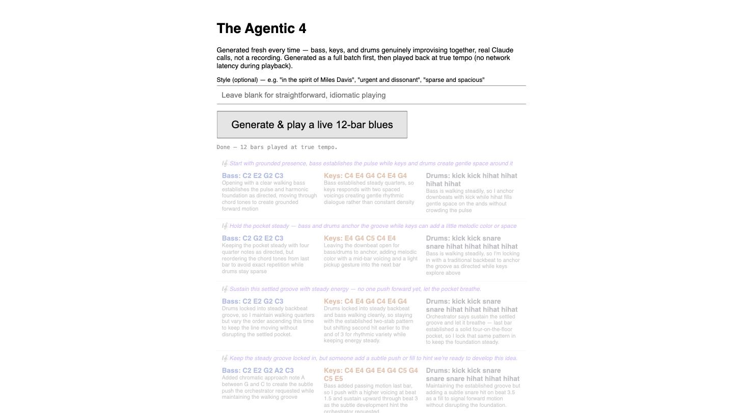 The Agentic 4 mid-performance, top of page, showing the orchestrator's per-bar directive above the playing instruments